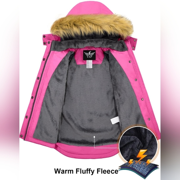 YXP Girls Winter Coat Pink Elastic Waist Warm Fleece Lined Work Removable Hood - Picture 8 of 12